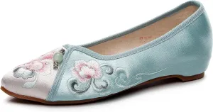 2024 Chinese Traditional Style Embroidered Flower Flats Shoes Comfort Slip On Walking Shoes Pointed Toe Old Beijing Cloth Shoes Mary Jane Ballet Shoes(Color:Green,Size:7.5)