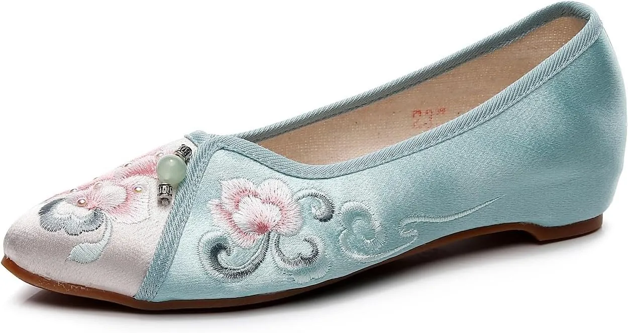 2024 Chinese Traditional Style Embroidered Flower Flats Shoes Comfort Slip On Walking Shoes Pointed Toe Old Beijing Cloth Shoes Mary Jane Ballet Shoes(Color:Green,Size:7.5)