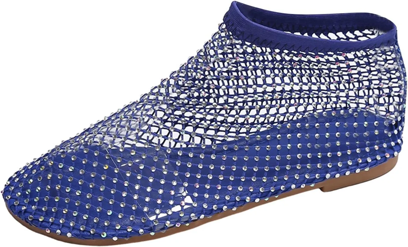 2025 Ultra Comfortable Mesh Flats for Women, Shiny Gem Mesh Ballet Flats, Sexy Slip on Stretchy Rhinestone Fishnet Sandals