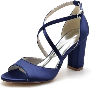 3.34 Inches White Womens Heeled Sandals Buckle Open Toe Satin Elegant Simple Wedding Party Bridal Shoes Block Heel Ankle Strap Sandals