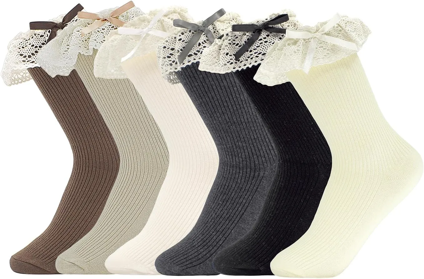 6 Pairs Womens Bow Socks Ruffle Casual Crew Socks, Cute Lettuce Edge Socks, Soft Breathable Cotton Frilly Dress Socks
