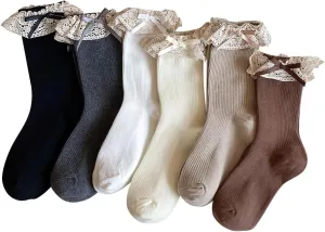 6 Pairs Womens Bow Socks Ruffle Casual Crew Socks, Cute Lettuce Edge Socks, Soft Breathable Cotton Frilly Dress Socks