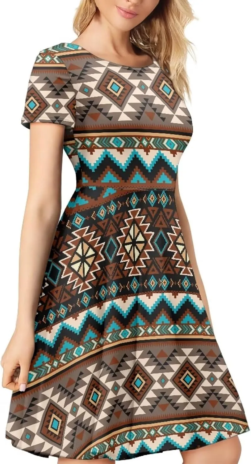 AFPANQZ Knee Long Dresses Women Short-Sleeve A-line Scoop Neck T-Shirt Dress