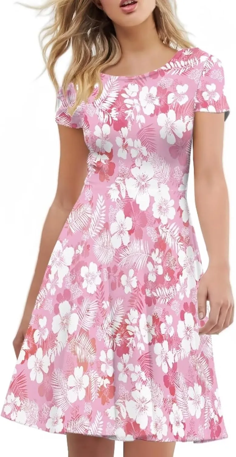 AFPANQZ Knee Long Dresses Women Short-Sleeve A-line Scoop Neck T-Shirt Dress