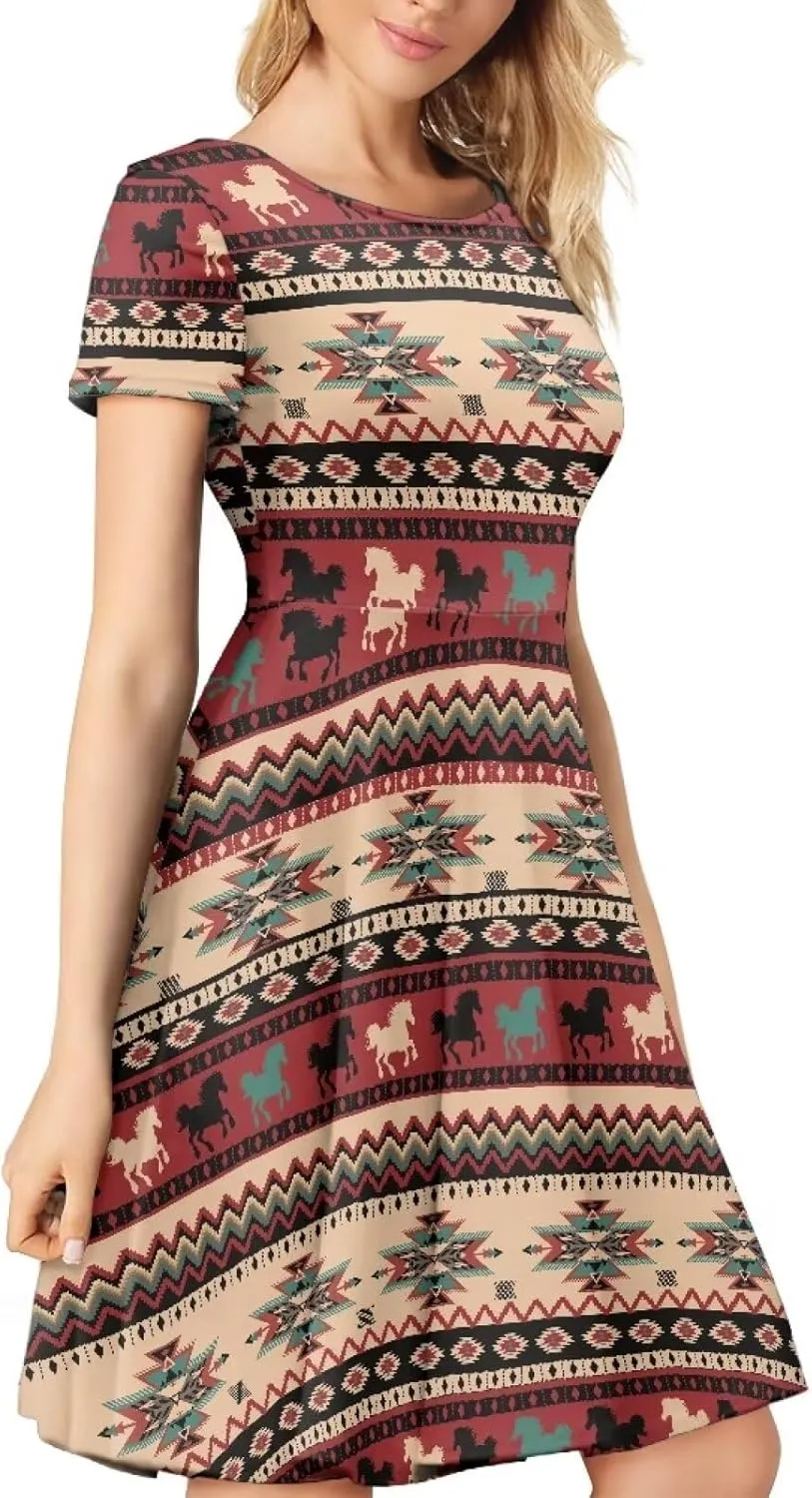 AFPANQZ Knee Long Dresses Women Short-Sleeve A-line Scoop Neck T-Shirt Dress