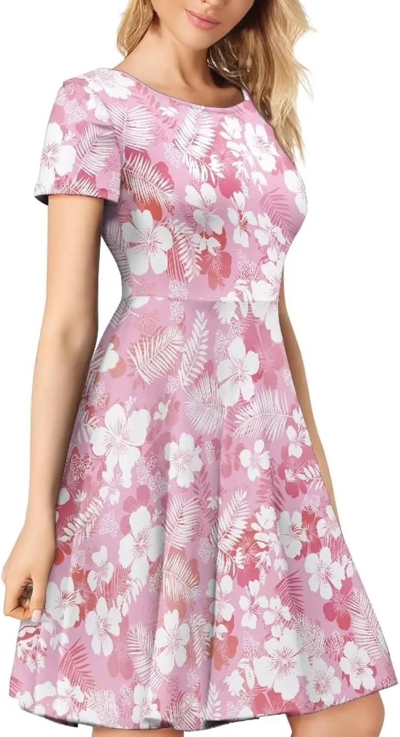 AFPANQZ Knee Long Dresses Women Short-Sleeve A-line Scoop Neck T-Shirt Dress