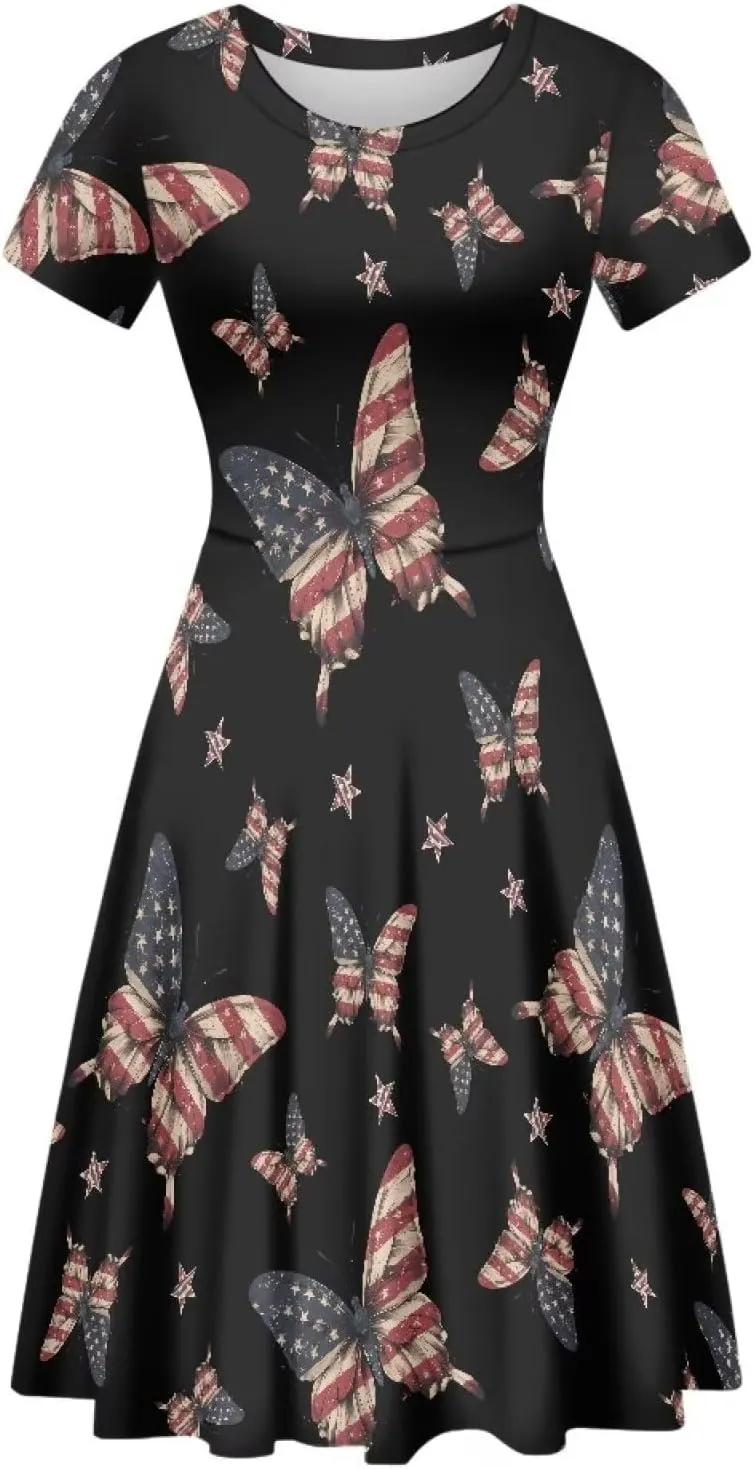 AFPANQZ Knee Long Dresses Women Short-Sleeve A-line Scoop Neck T-Shirt Dress