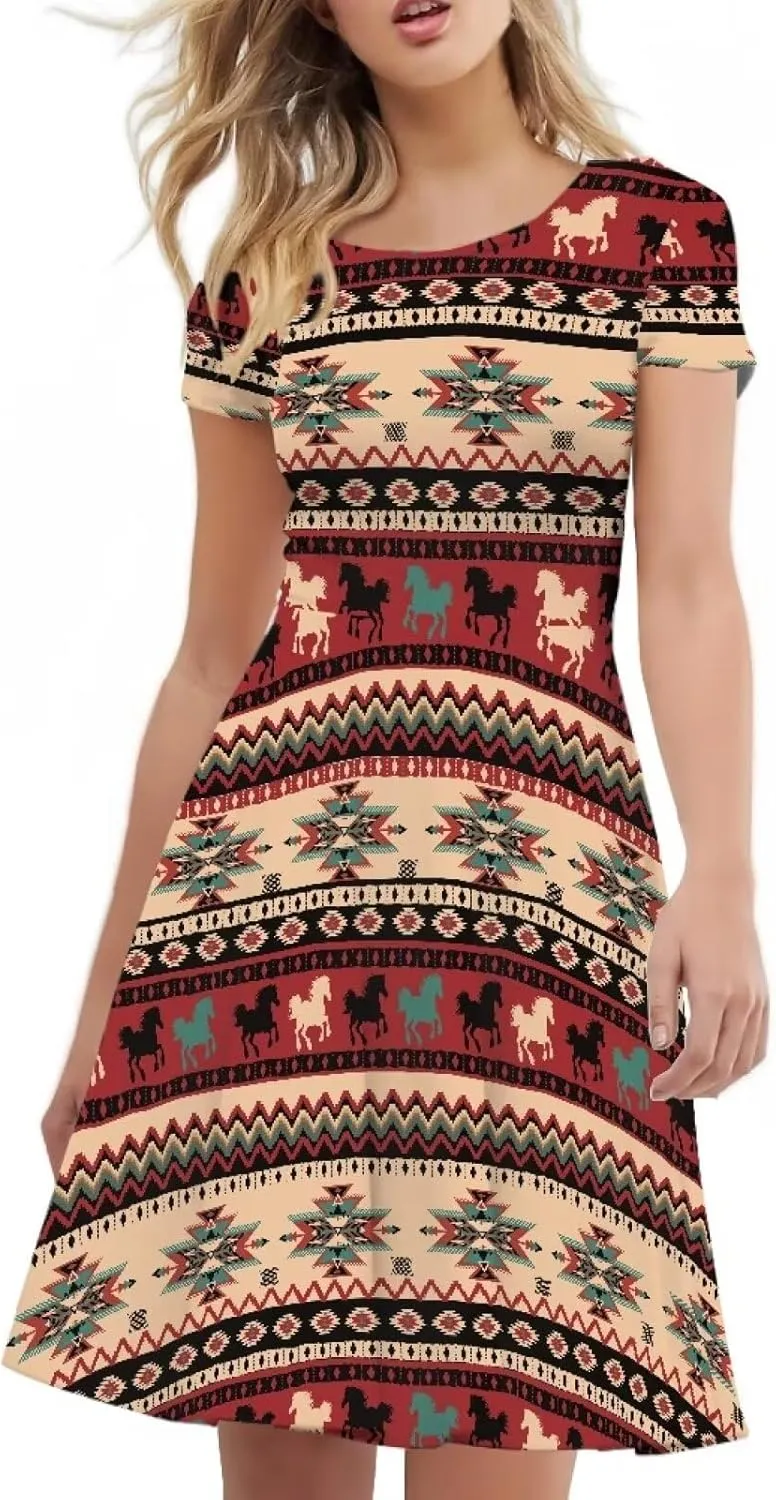AFPANQZ Knee Long Dresses Women Short-Sleeve A-line Scoop Neck T-Shirt Dress