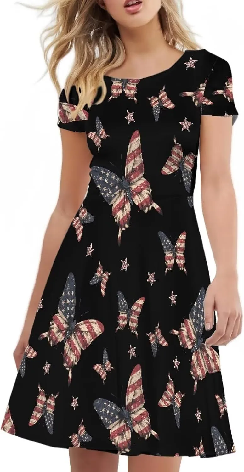 AFPANQZ Knee Long Dresses Women Short-Sleeve A-line Scoop Neck T-Shirt Dress