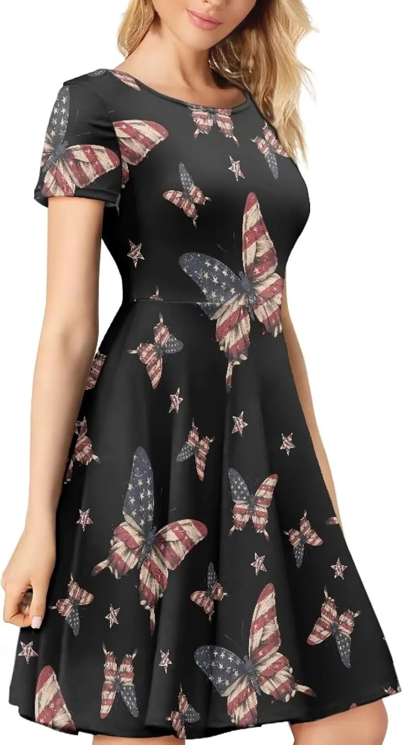 AFPANQZ Knee Long Dresses Women Short-Sleeve A-line Scoop Neck T-Shirt Dress
