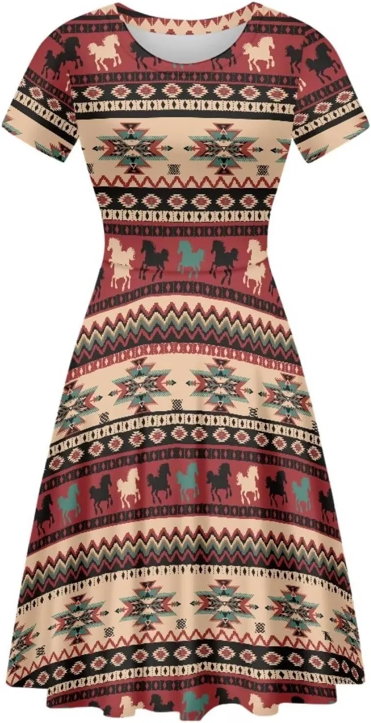 AFPANQZ Knee Long Dresses Women Short-Sleeve A-line Scoop Neck T-Shirt Dress