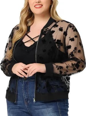 Agnes Orinda Plus Size Jackets for Women Sheer Floral Lace Long Sleeve Baseball Jacket