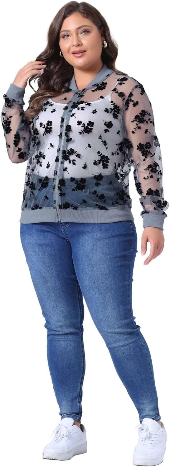 Agnes Orinda Plus Size Jackets for Women Sheer Floral Lace Long Sleeve Baseball Jacket