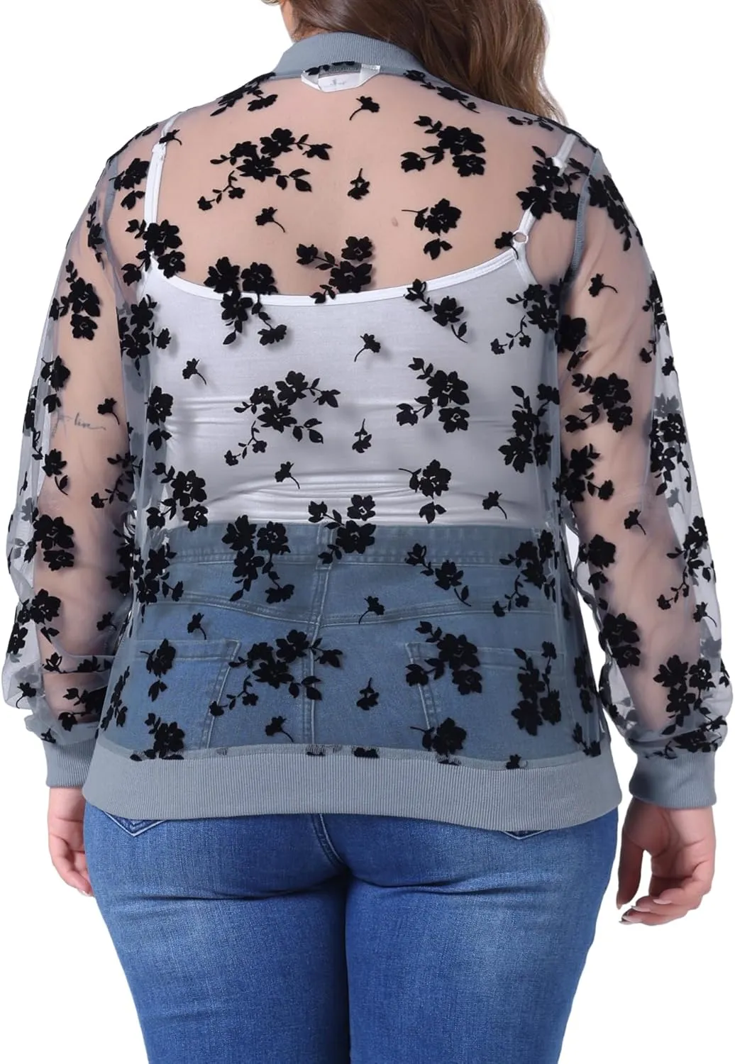 Agnes Orinda Plus Size Jackets for Women Sheer Floral Lace Long Sleeve Baseball Jacket
