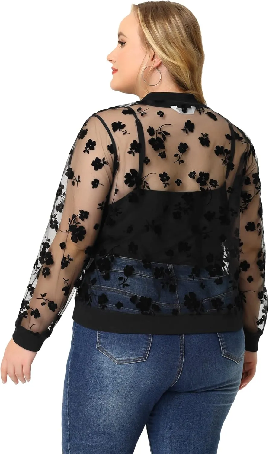 Agnes Orinda Plus Size Jackets for Women Sheer Floral Lace Long Sleeve Baseball Jacket