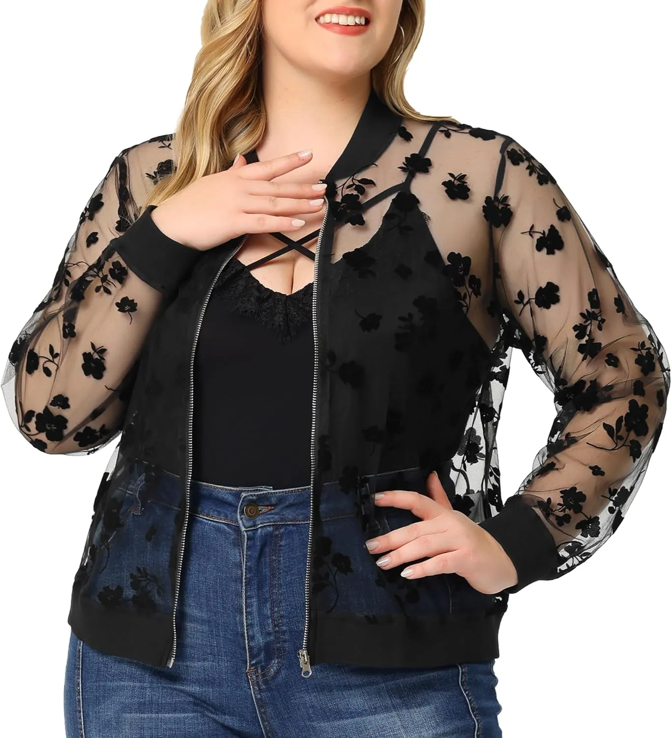 Agnes Orinda Plus Size Jackets for Women Sheer Floral Lace Long Sleeve Baseball Jacket