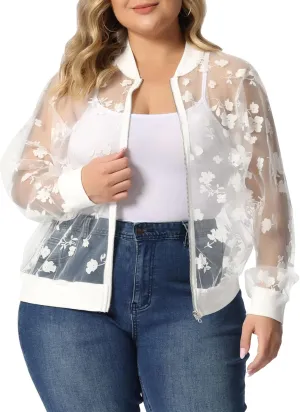 Agnes Orinda Plus Size Jackets for Women Sheer Floral Lace Long Sleeve Baseball Jacket