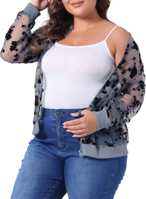 Agnes Orinda Plus Size Jackets for Women Sheer Floral Lace Long Sleeve Baseball Jacket