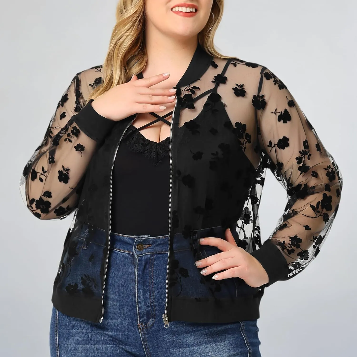 Agnes Orinda Plus Size Jackets for Women Sheer Floral Lace Long Sleeve Baseball Jacket