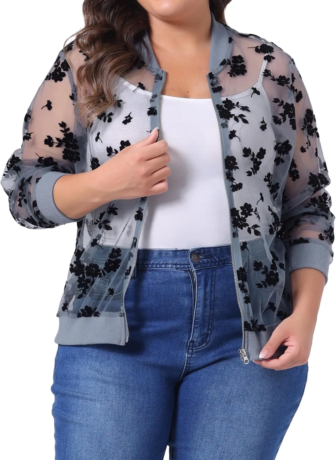 Agnes Orinda Plus Size Jackets for Women Sheer Floral Lace Long Sleeve Baseball Jacket