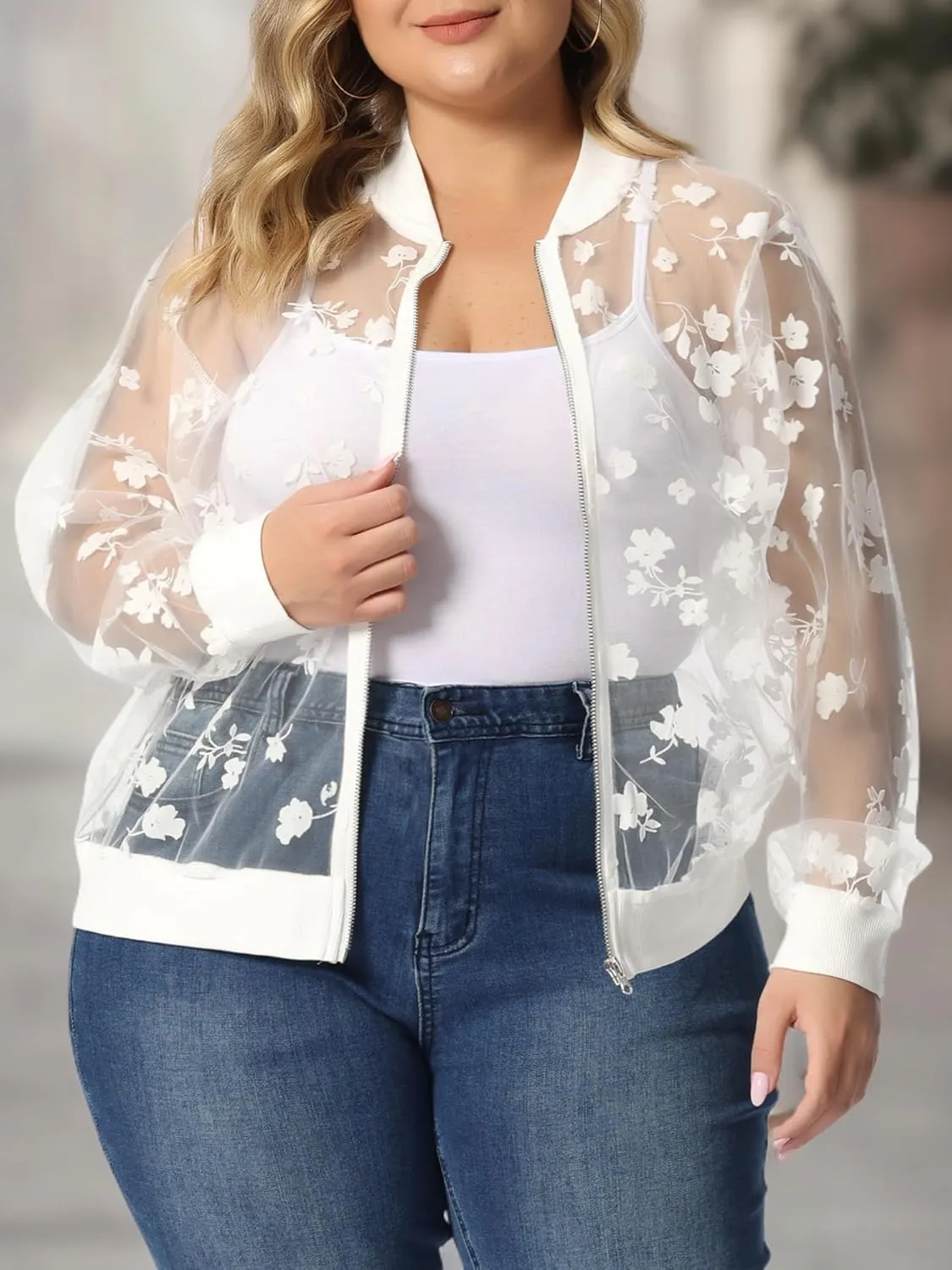 Agnes Orinda Plus Size Jackets for Women Sheer Floral Lace Long Sleeve Baseball Jacket