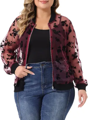 Agnes Orinda Plus Size Jackets for Women Sheer Floral Lace Long Sleeve Baseball Jacket