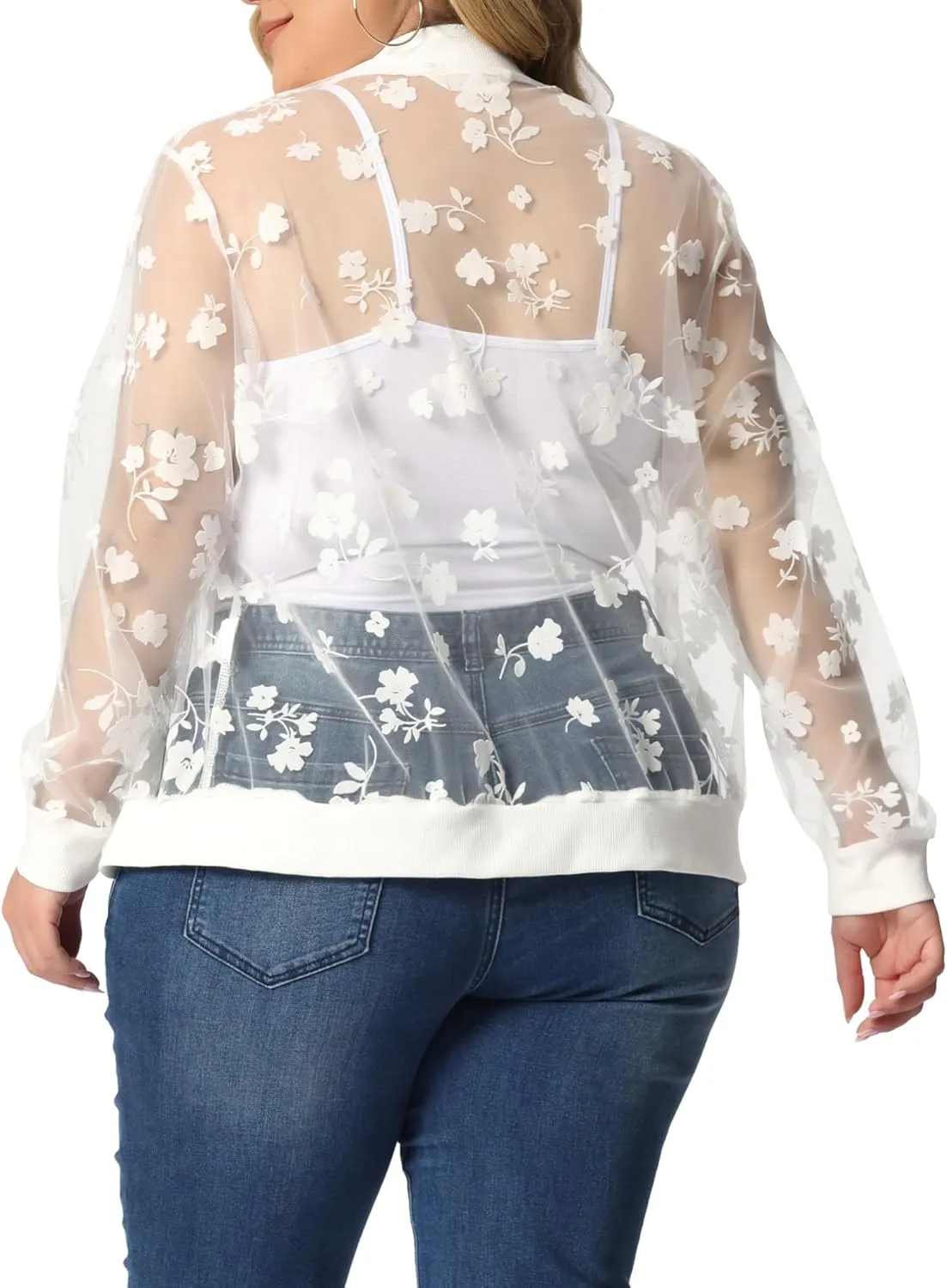 Agnes Orinda Plus Size Jackets for Women Sheer Floral Lace Long Sleeve Baseball Jacket