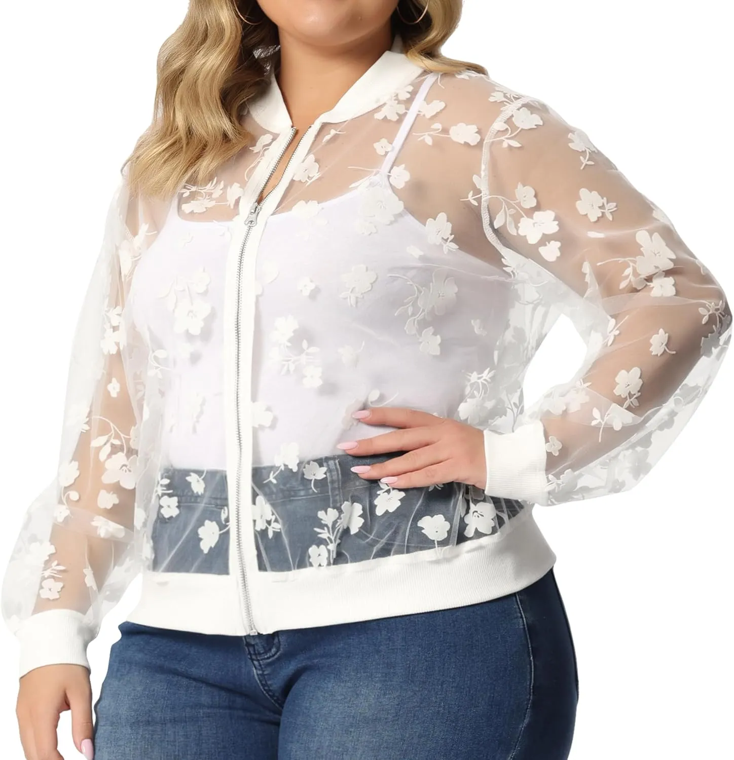 Agnes Orinda Plus Size Jackets for Women Sheer Floral Lace Long Sleeve Baseball Jacket