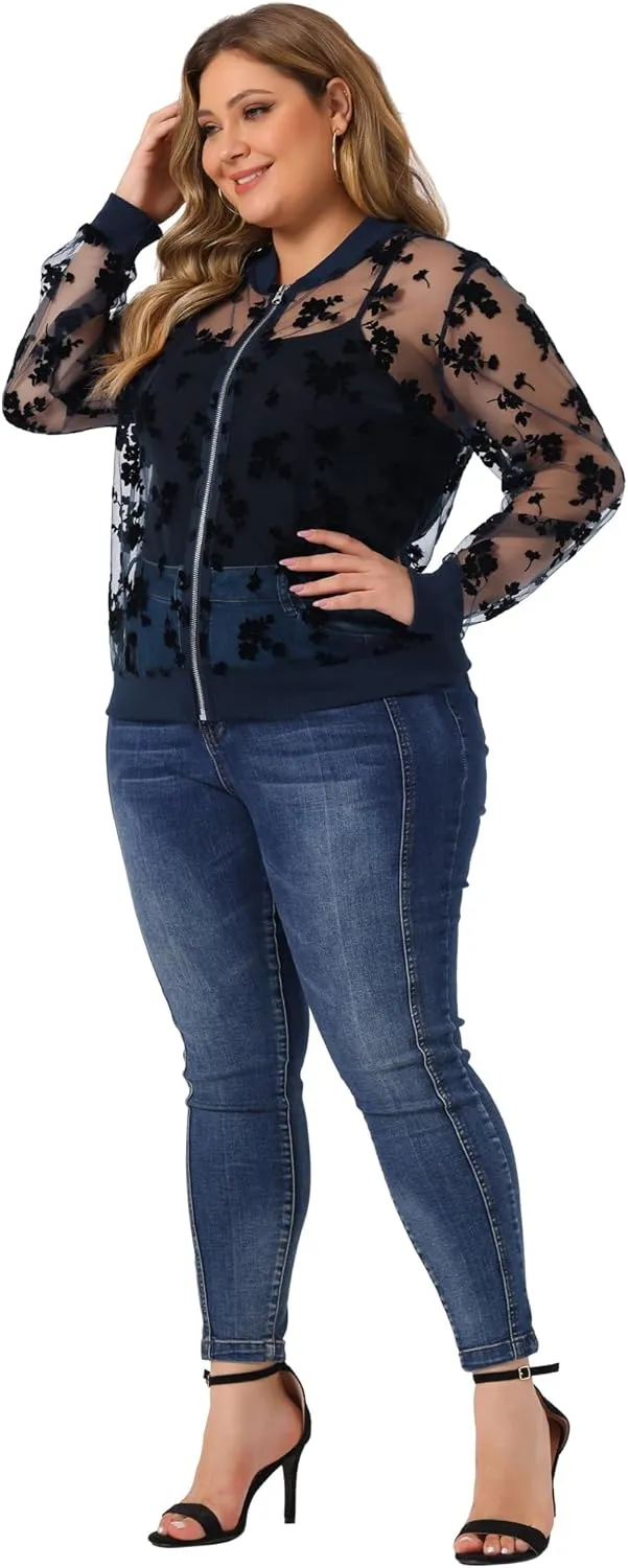 Agnes Orinda Plus Size Jackets for Women Sheer Floral Lace Long Sleeve Baseball Jacket