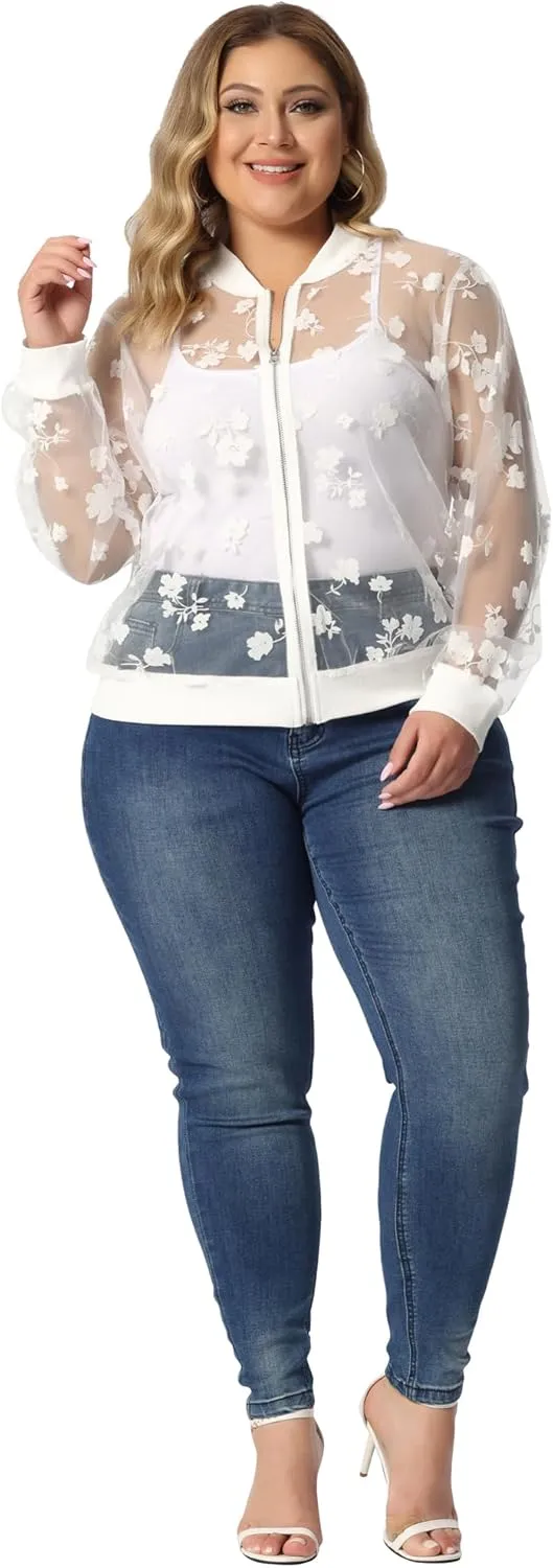 Agnes Orinda Plus Size Jackets for Women Sheer Floral Lace Long Sleeve Baseball Jacket