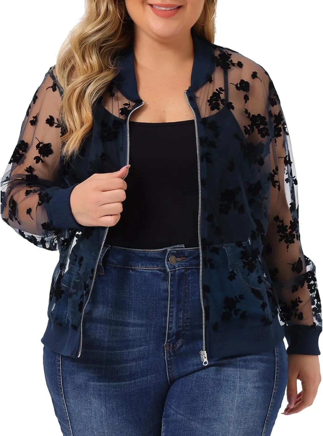 Agnes Orinda Plus Size Jackets for Women Sheer Floral Lace Long Sleeve Baseball Jacket