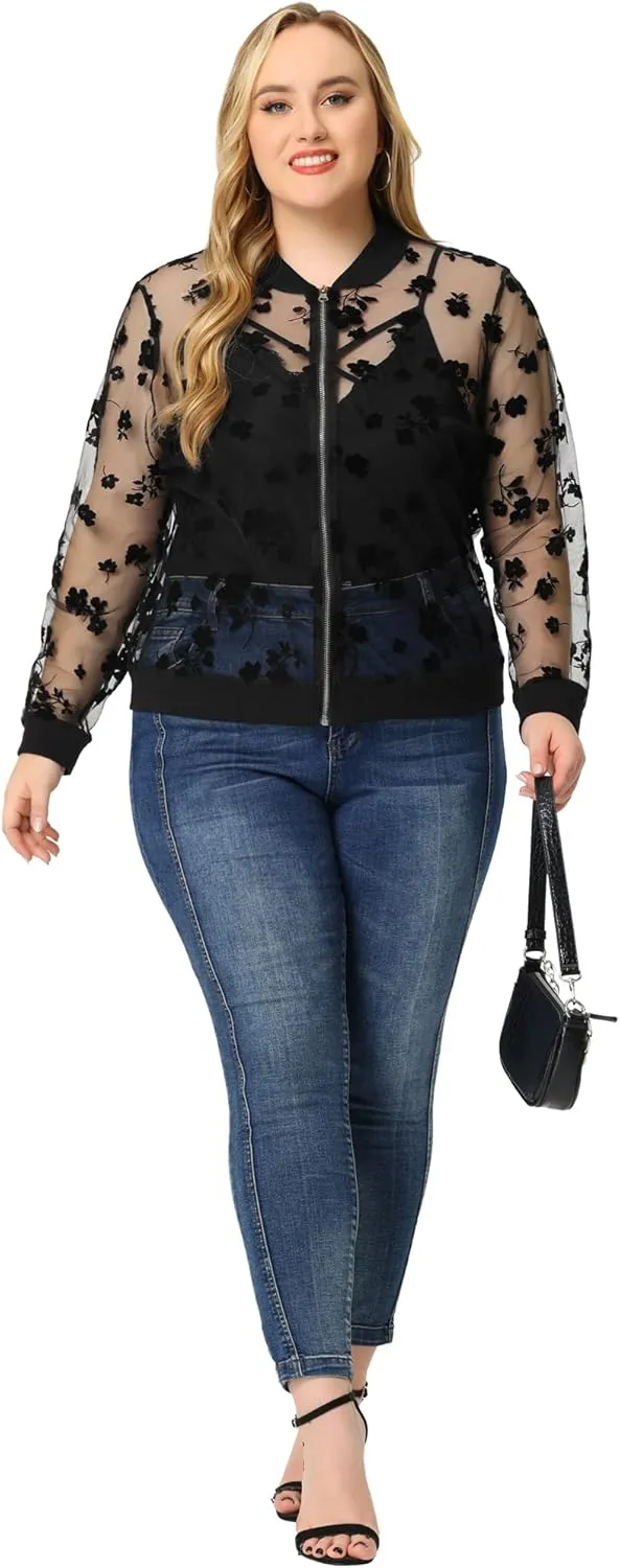 Agnes Orinda Plus Size Jackets for Women Sheer Floral Lace Long Sleeve Baseball Jacket