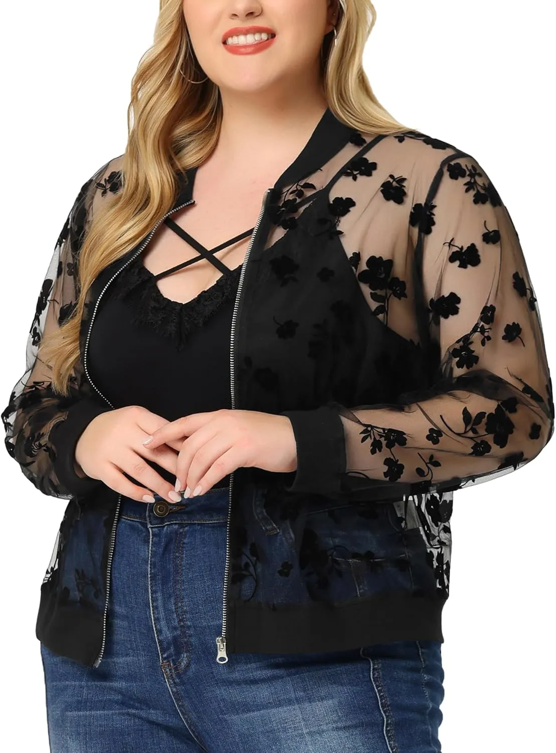 Agnes Orinda Plus Size Jackets for Women Sheer Floral Lace Long Sleeve Baseball Jacket