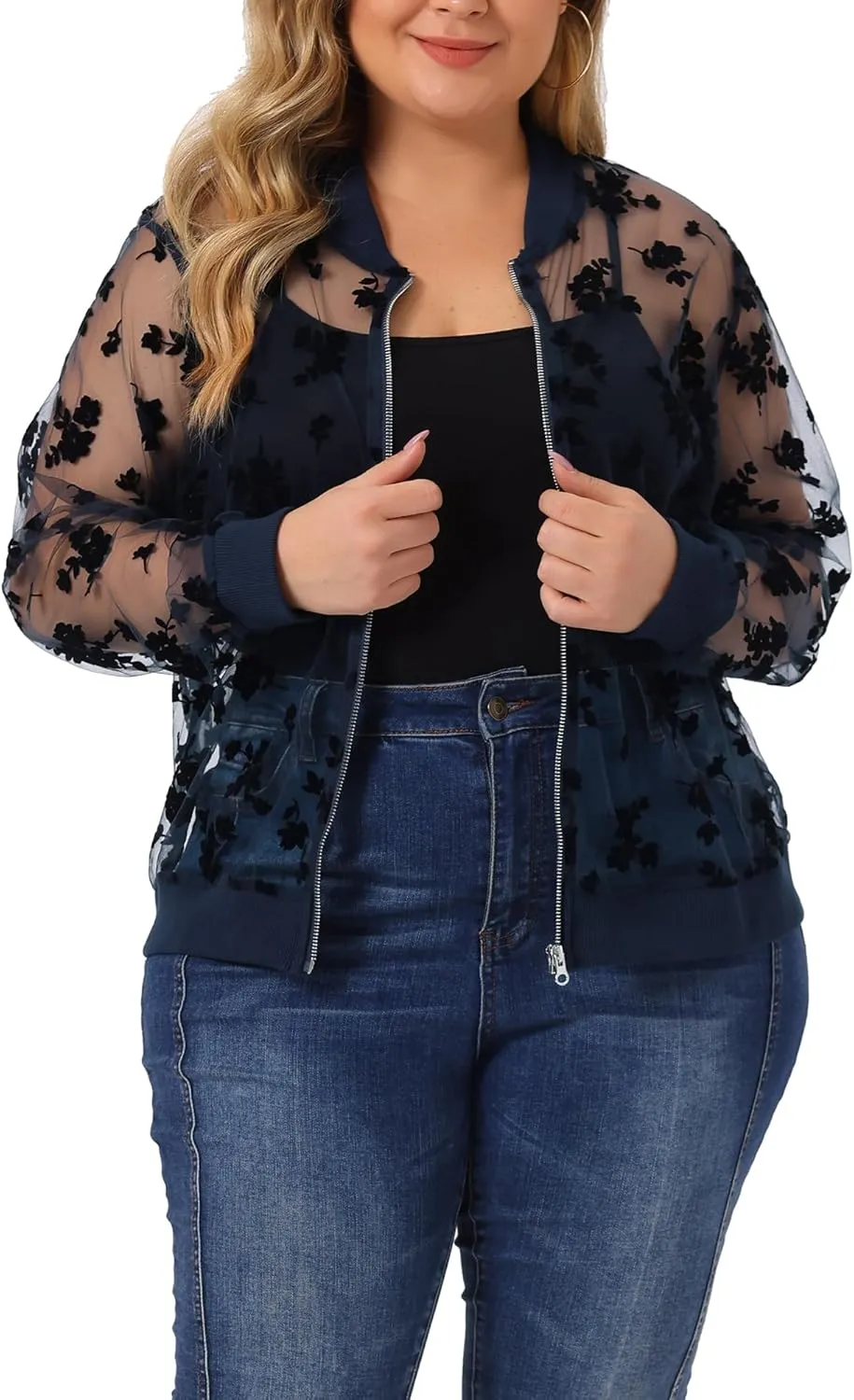 Agnes Orinda Plus Size Jackets for Women Sheer Floral Lace Long Sleeve Baseball Jacket