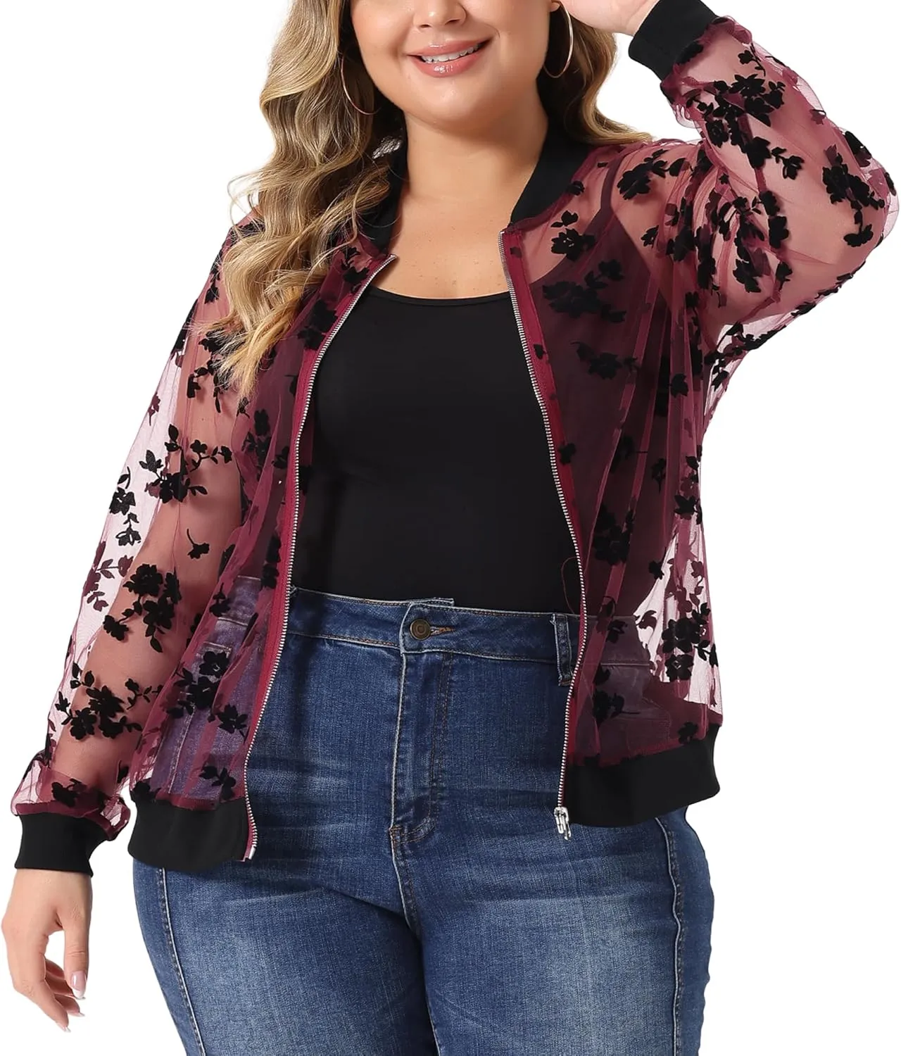 Agnes Orinda Plus Size Jackets for Women Sheer Floral Lace Long Sleeve Baseball Jacket