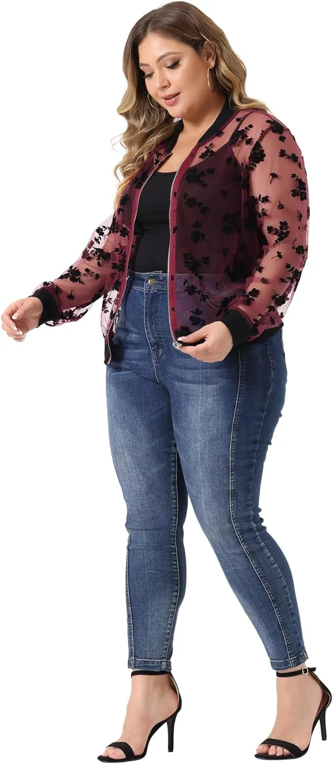 Agnes Orinda Plus Size Jackets for Women Sheer Floral Lace Long Sleeve Baseball Jacket