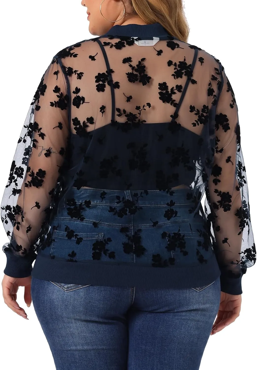 Agnes Orinda Plus Size Jackets for Women Sheer Floral Lace Long Sleeve Baseball Jacket