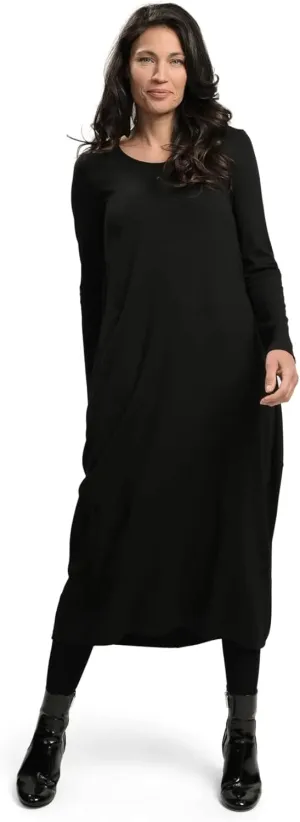 ALEMBIKA Long Sleeve Maxi Dress, Casual Black Knit, Round Neck, Full Length