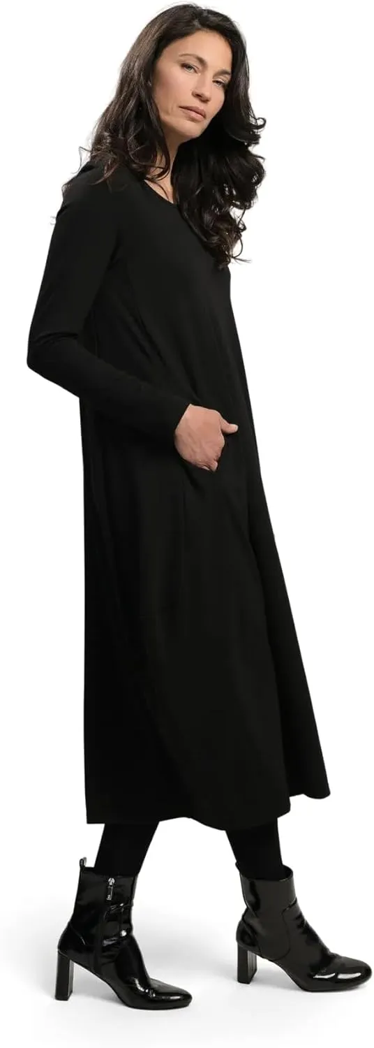 ALEMBIKA Long Sleeve Maxi Dress, Casual Black Knit, Round Neck, Full Length