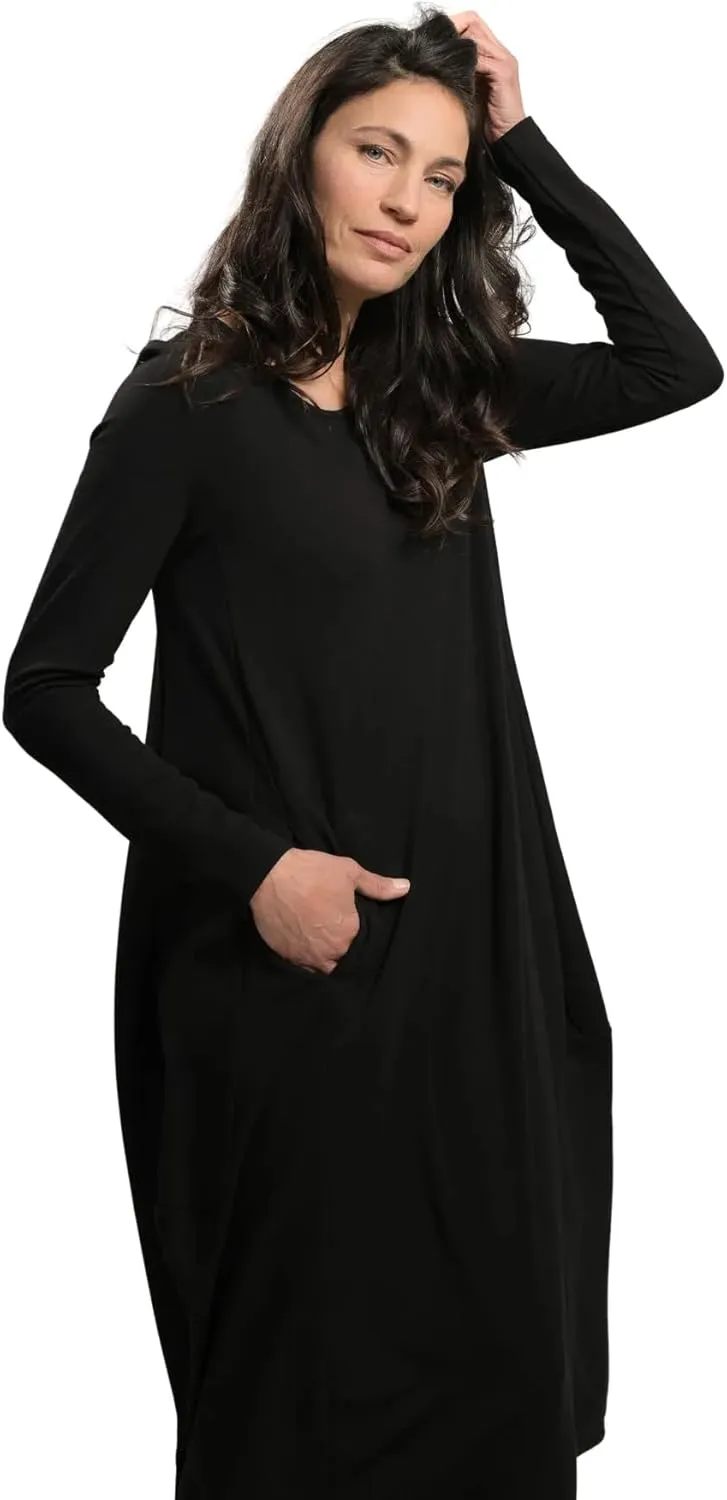 ALEMBIKA Long Sleeve Maxi Dress, Casual Black Knit, Round Neck, Full Length