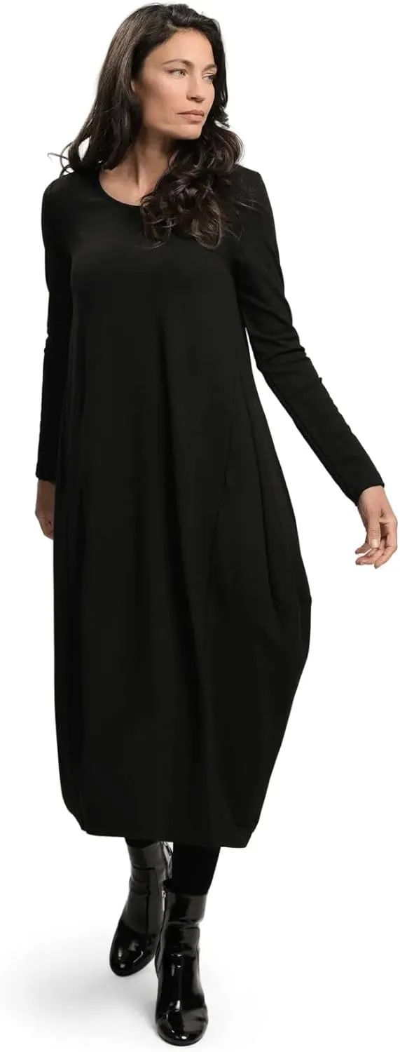 ALEMBIKA Long Sleeve Maxi Dress, Casual Black Knit, Round Neck, Full Length