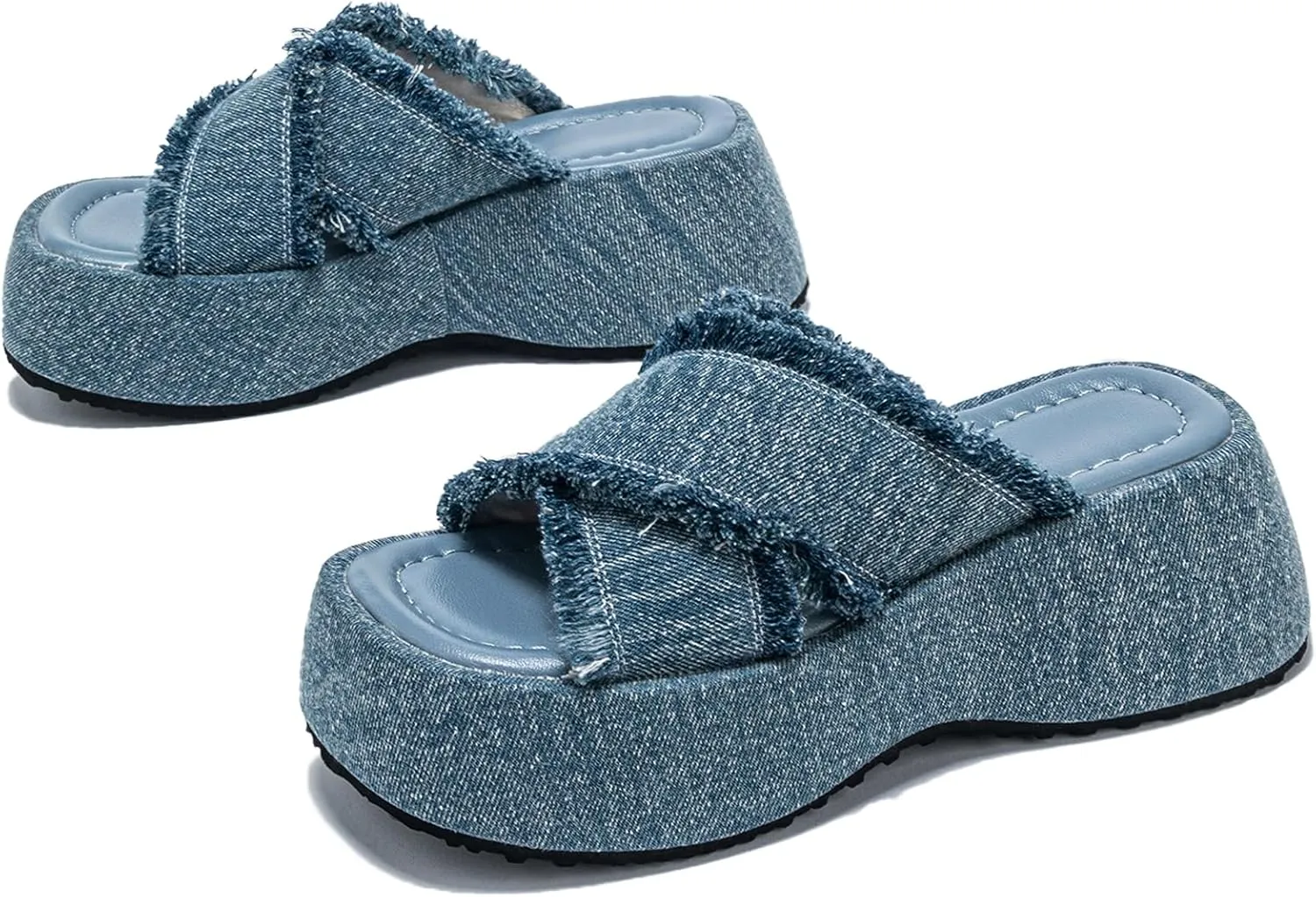 AMAZIDEAL Women's Denim Crossover Strap Platform Slide Sandals,Fashion Open Toe Tassels Slip On Non-Slip Chunky Heel Sandals,Comfortable Thick Bottom Casual Beach Walking Slides Slippers