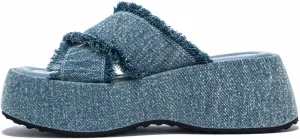 AMAZIDEAL Women's Denim Crossover Strap Platform Slide Sandals,Fashion Open Toe Tassels Slip On Non-Slip Chunky Heel Sandals,Comfortable Thick Bottom Casual Beach Walking Slides Slippers