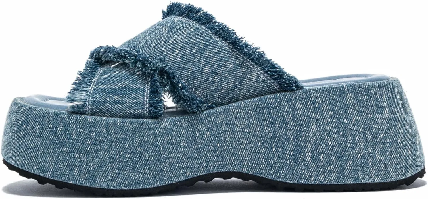 AMAZIDEAL Women's Denim Crossover Strap Platform Slide Sandals,Fashion Open Toe Tassels Slip On Non-Slip Chunky Heel Sandals,Comfortable Thick Bottom Casual Beach Walking Slides Slippers