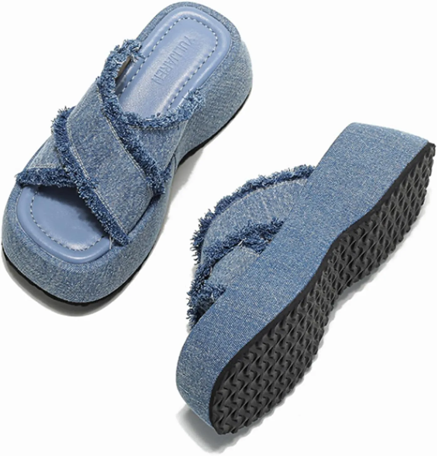 AMAZIDEAL Women's Denim Crossover Strap Platform Slide Sandals,Fashion Open Toe Tassels Slip On Non-Slip Chunky Heel Sandals,Comfortable Thick Bottom Casual Beach Walking Slides Slippers