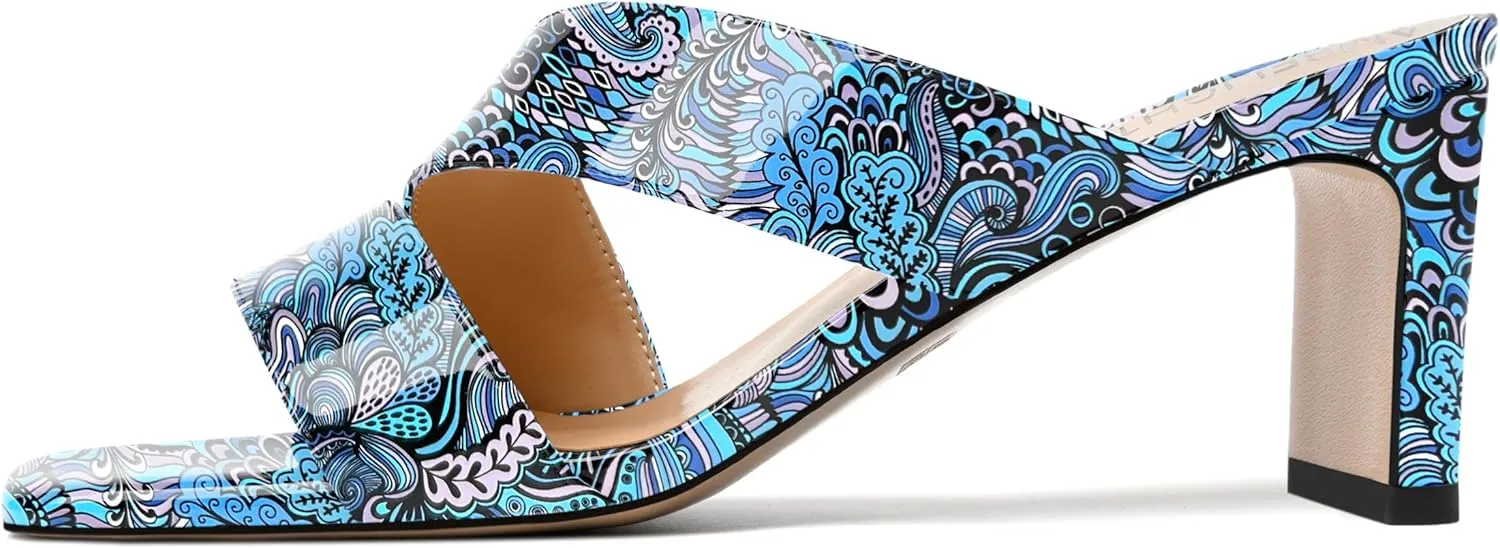 AMBELIGHT Womens Patent Night Club Dress Square Toe Slip On Block Mid Heel Sandals 2.5 Inch