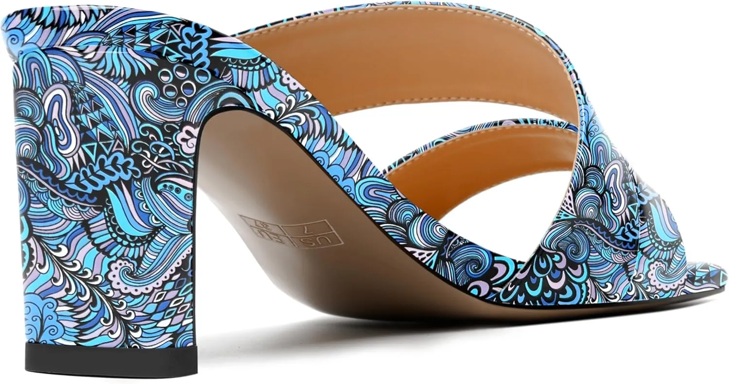 AMBELIGHT Womens Patent Night Club Dress Square Toe Slip On Block Mid Heel Sandals 2.5 Inch