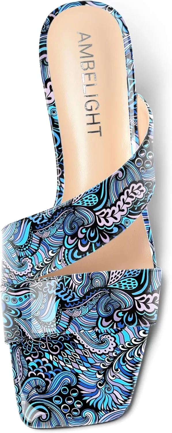 AMBELIGHT Womens Patent Night Club Dress Square Toe Slip On Block Mid Heel Sandals 2.5 Inch