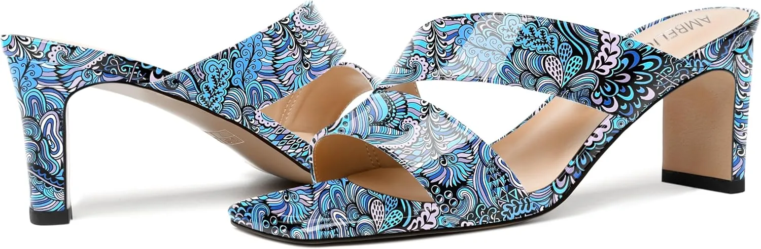 AMBELIGHT Womens Patent Night Club Dress Square Toe Slip On Block Mid Heel Sandals 2.5 Inch