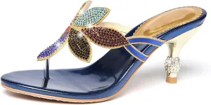 AngryMonkey Women Rhinestones Flip Flops Heeled Sandals,Comfort Bohemian Handmade Peacock Patterned Stiletto Party Slippers Dressy Wedding Shoes